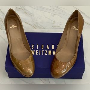 Stuart Weitzman Mini-Platform, Nude/Tan Patent Leather Pumps